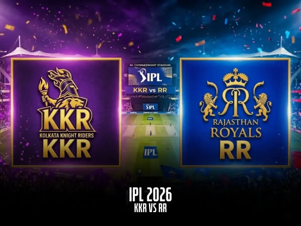 IPL 2026 match between Kolkata Knight Riders (KKR) and Rajasthan Royals (RR) with team logos and a packed stadium in the background. Match details 'IPL 2026 - KKR vs RR' displayed at the bottom.