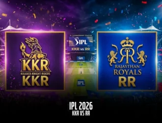 IPL 2026 match between Kolkata Knight Riders (KKR) and Rajasthan Royals (RR) with team logos and a packed stadium in the background. Match details 'IPL 2026 - KKR vs RR' displayed at the bottom.