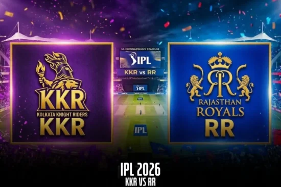 IPL 2026 match between Kolkata Knight Riders (KKR) and Rajasthan Royals (RR) with team logos and a packed stadium in the background. Match details 'IPL 2026 - KKR vs RR' displayed at the bottom.