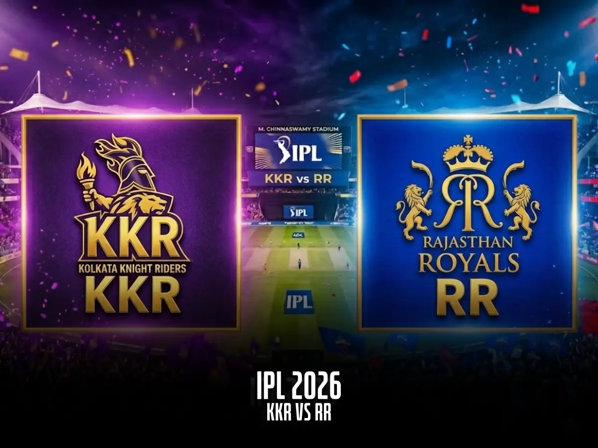 IPL 2026 match between Kolkata Knight Riders (KKR) and Rajasthan Royals (RR) with team logos and a packed stadium in the background. Match details 'IPL 2026 - KKR vs RR' displayed at the bottom.