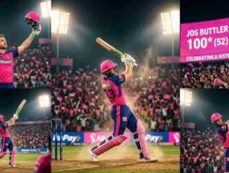 Jos Buttler in Rajasthan Royals jersey hitting a powerful shot and celebrating a century (100) in a packed IPL stadium.*