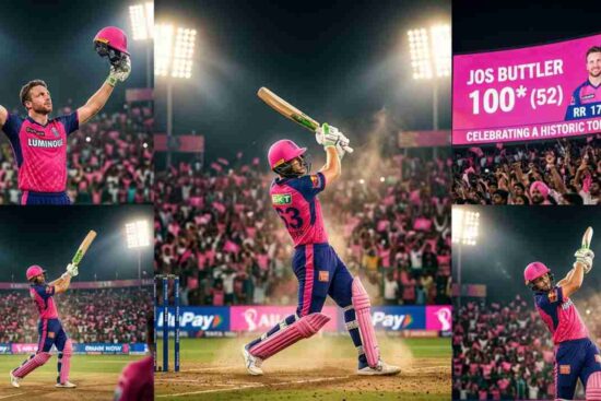 Jos Buttler in Rajasthan Royals jersey hitting a powerful shot and celebrating a century (100) in a packed IPL stadium.*