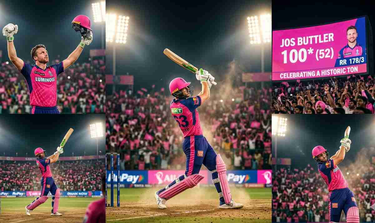 Jos Buttler in Rajasthan Royals jersey hitting a powerful shot and celebrating a century (100) in a packed IPL stadium.*